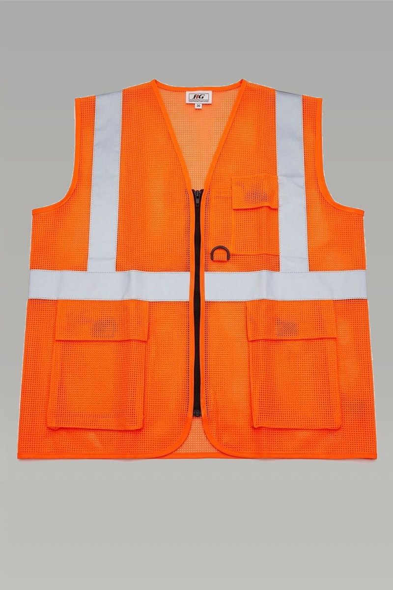 High-Visibility Orange Mesh Safety Vest with Pockets
